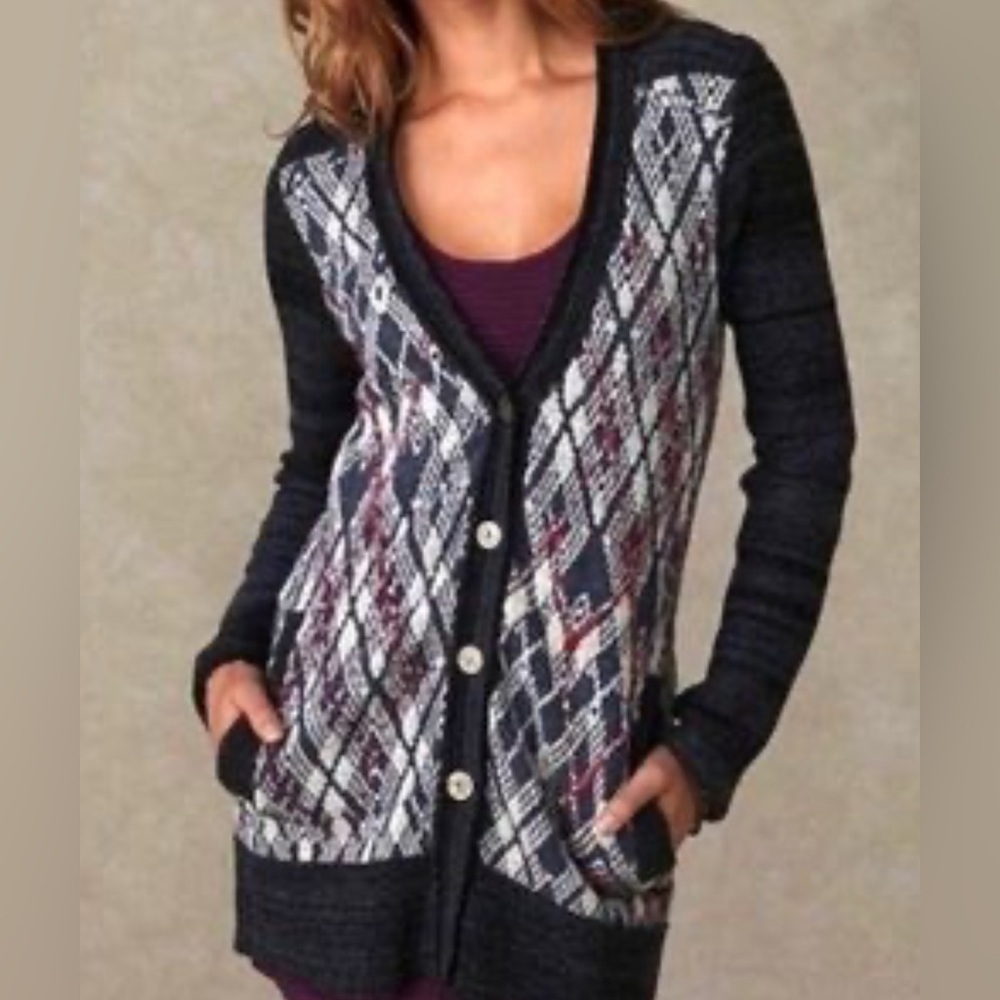 Free People Black Charcoal Argyle Knit Cardigan